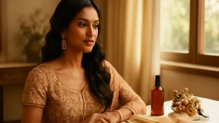 Indian wedding guest refreshing polished hair between consecutive October functions