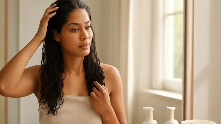 Indian woman gently caring for damp hair during the post-monsoon season