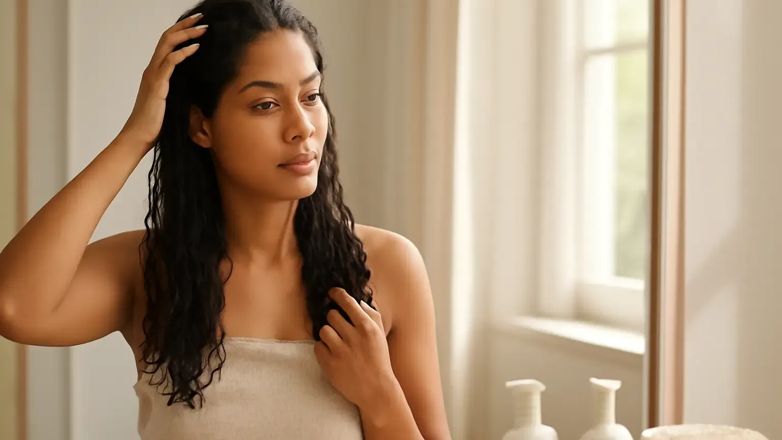 Indian woman gently caring for damp hair during the post-monsoon season
