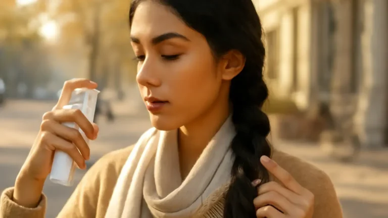 Indian commuter applying leave-in protection before a sunny winter journey