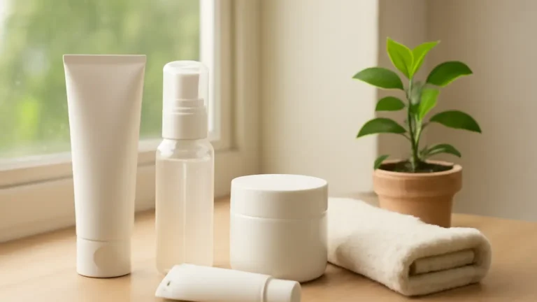 Unbranded skincare products arranged for a post-monsoon routine in an Indian home