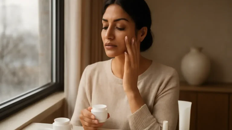 Woman adapting her morning skincare routine with moisturiser, lip balm and sunscreen in an Indian home.