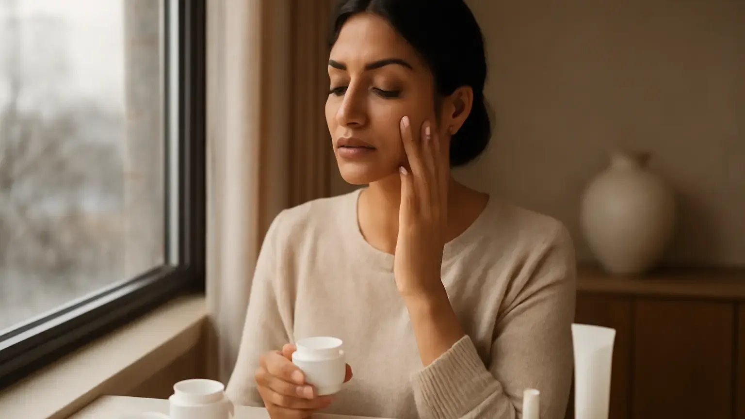 Woman adapting her morning skincare routine with moisturiser, lip balm and sunscreen in an Indian home.
