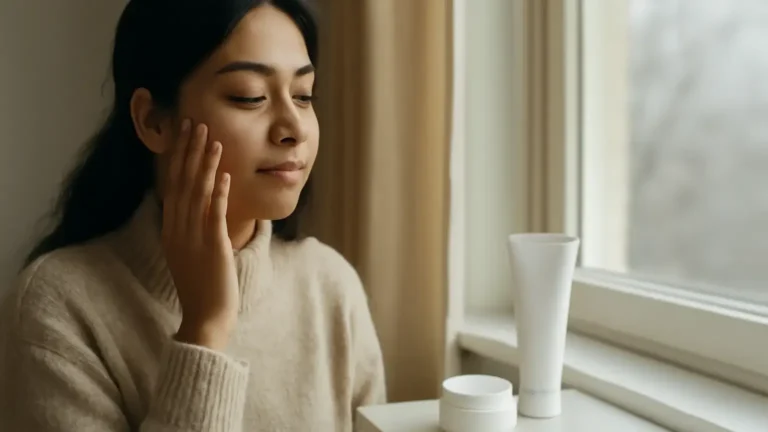 Indian woman applying moisturiser beside a sunlit Delhi window in winter