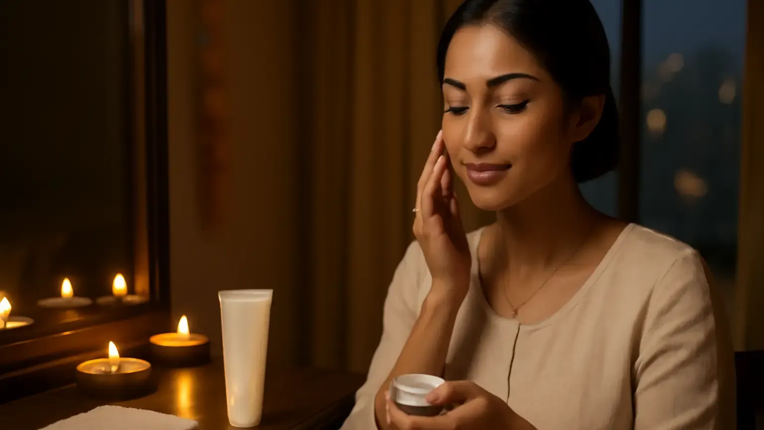 Indian woman following a gentle skincare routine beside festive Diwali lights