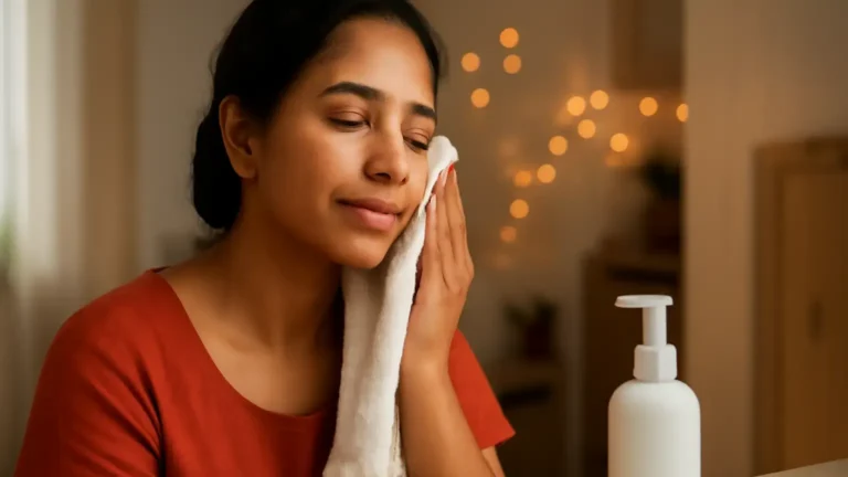 Indian adult gently moisturising freshly cleansed skin after a smoky Diwali event
