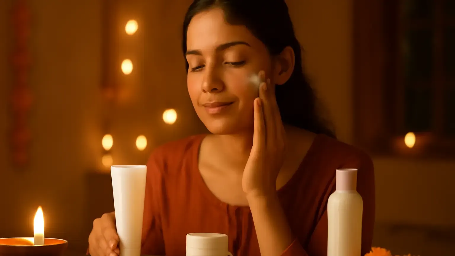 Woman following a gentle Diwali skincare routine beside a lit diya