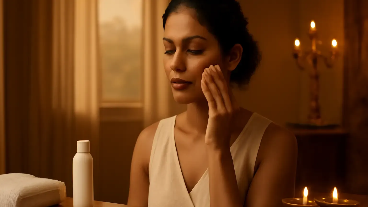 Indian woman gently removing festive makeup during Diwali week beside a softly lit vanity