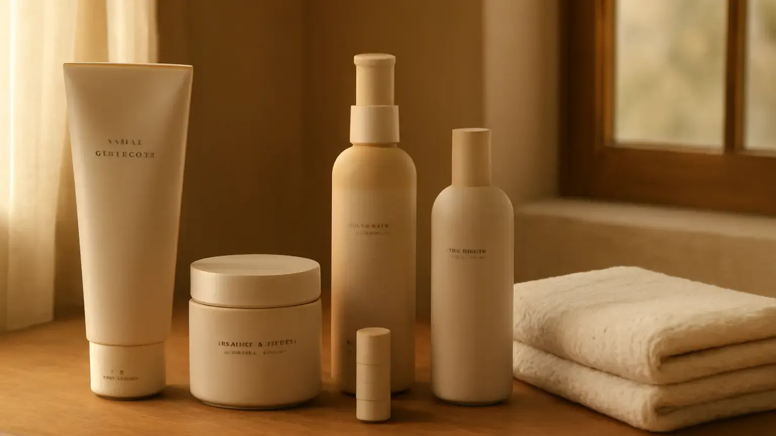 Unbranded skincare products arranged for dry October weather in an Indian home