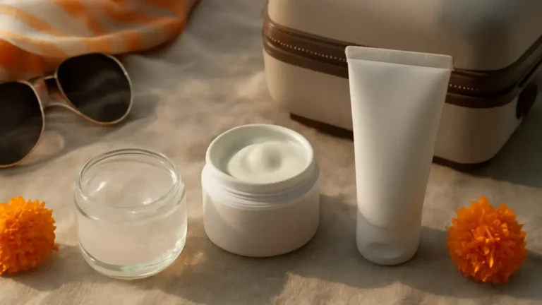Unbranded festive travel skincare kit with sunscreen, moisturisers, scarf and suitcase accents