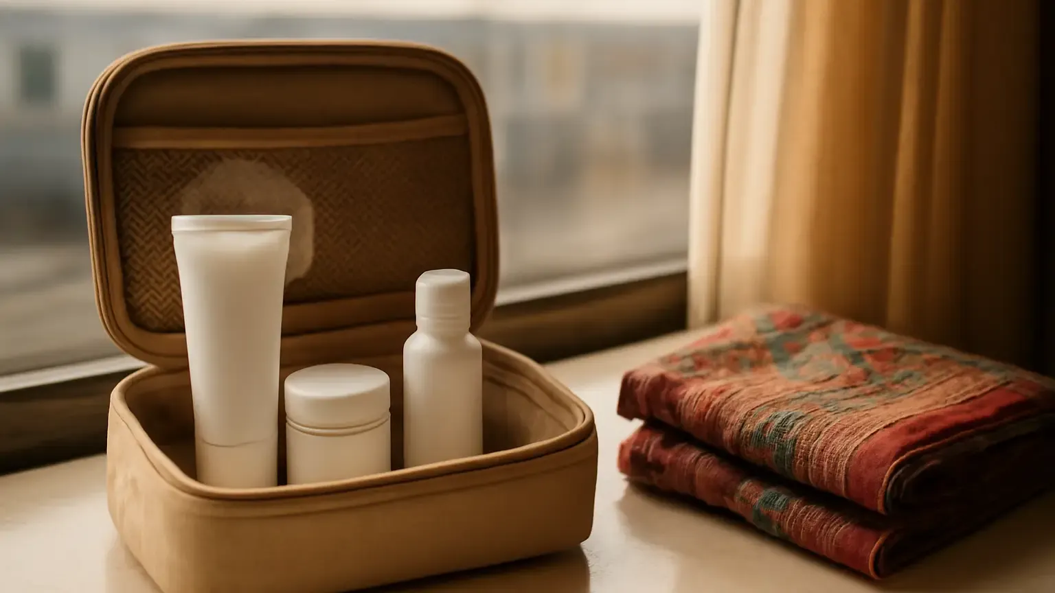 Compact skincare travel kit with sunscreen and moisturiser beside a festive Indian travel setup.