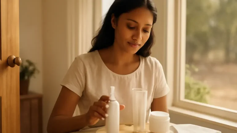 Unbranded October skincare essentials arranged near an Indian home entryway