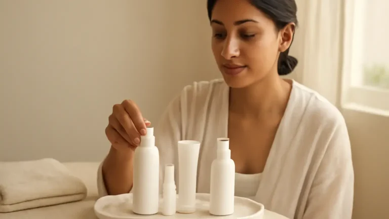 Indian woman arranging a simple October skincare routine with moisturiser and sunscreen