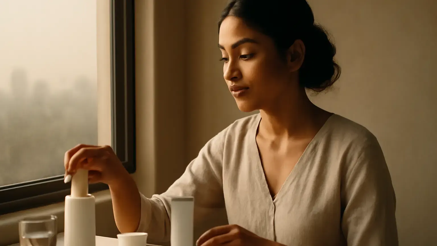 Indian woman preparing a simple skincare routine for October heat, dust and dry indoor air