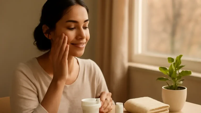 Woman applying moisturiser beside sunscreen and lip balm in an Indian home during November
