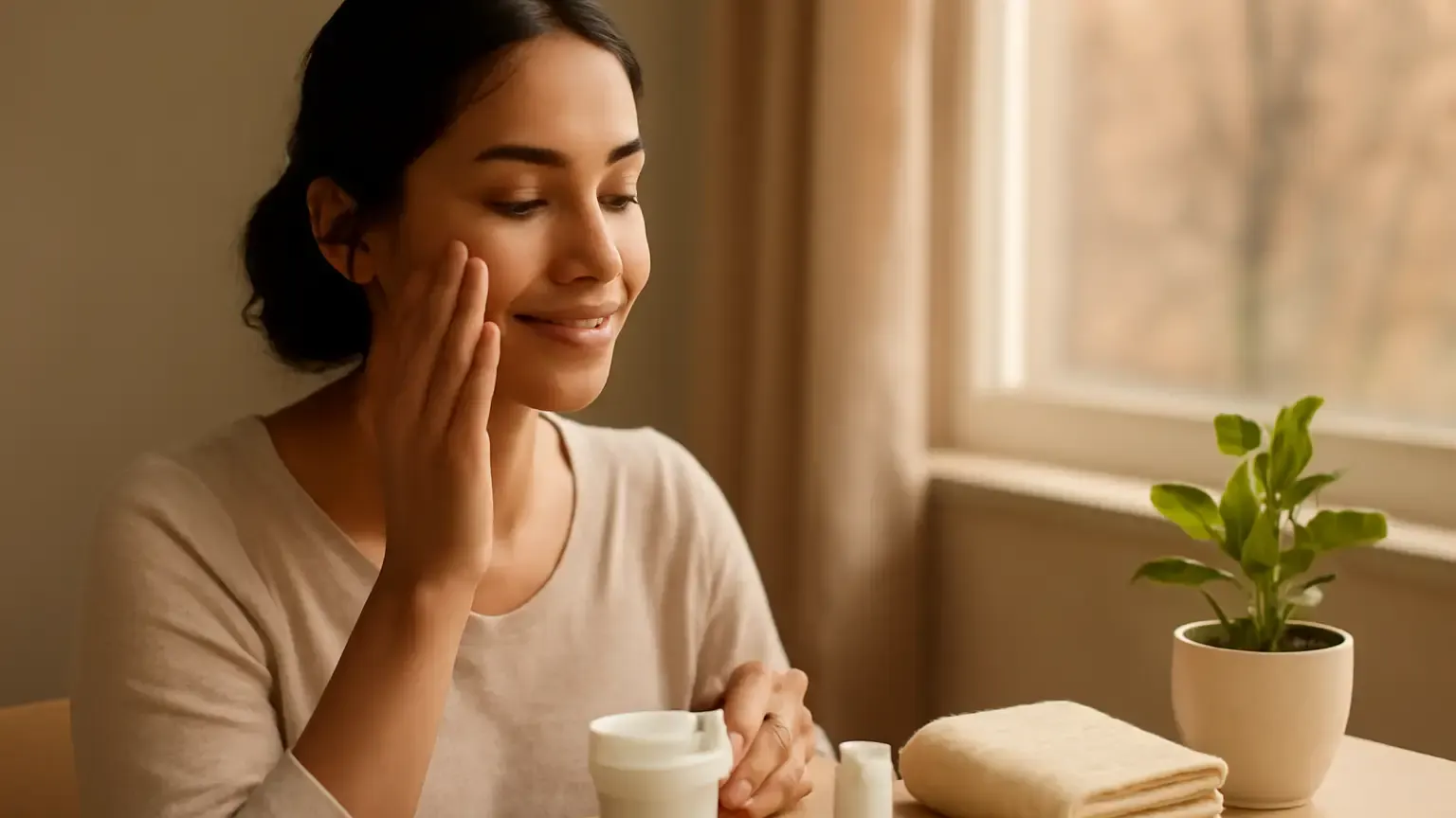 Woman applying moisturiser beside sunscreen and lip balm in an Indian home during November