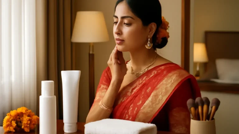Indian wedding guest organising a simple skincare routine beside makeup and travel essentials