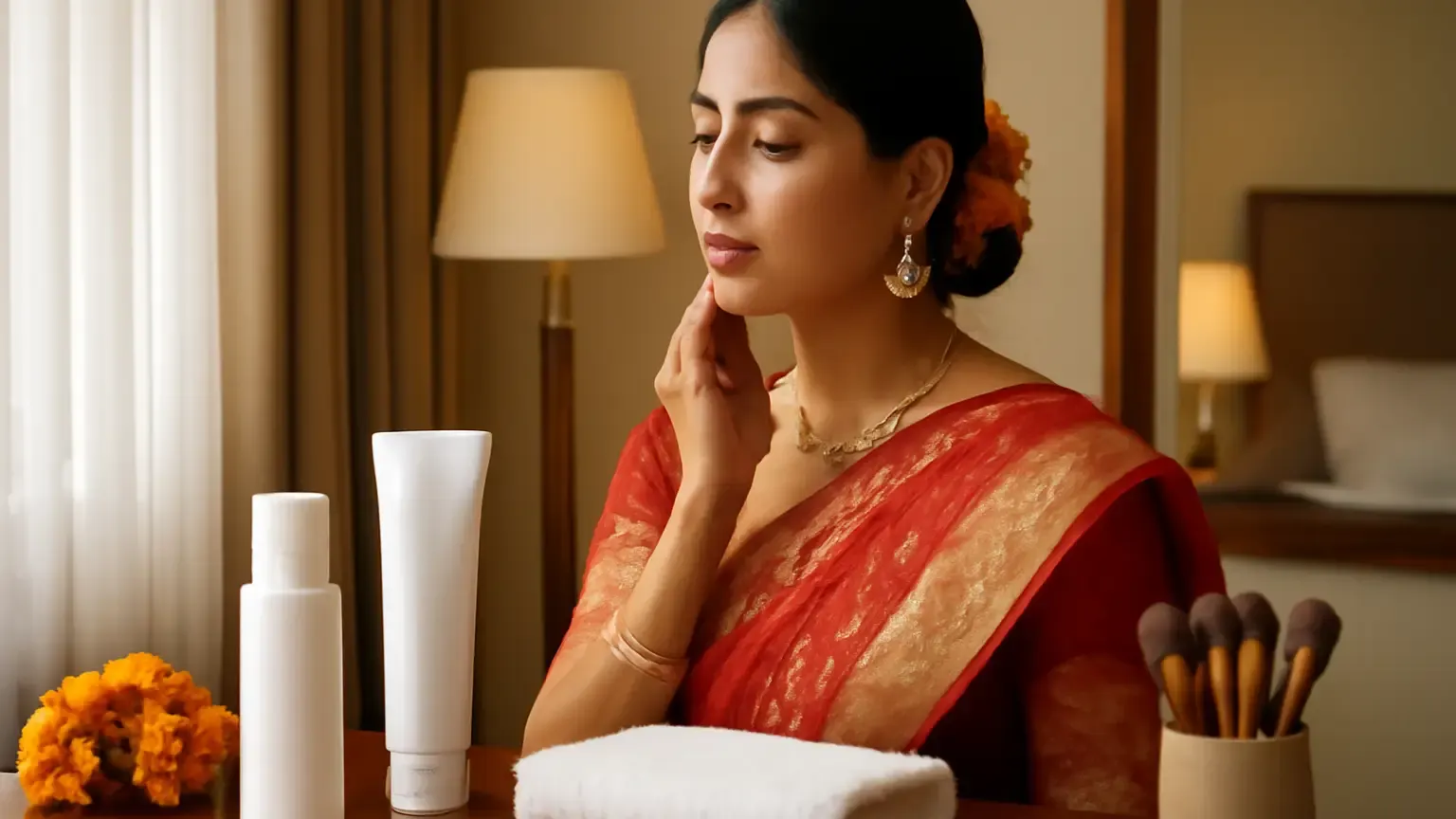 Indian wedding guest organising a simple skincare routine beside makeup and travel essentials