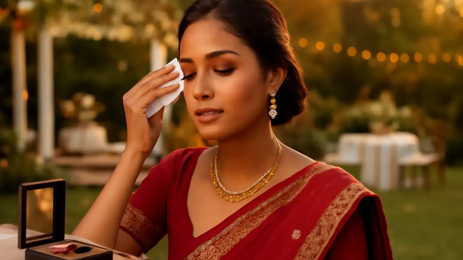 Indian wedding guest managing sweat and skincare at an outdoor October wedding