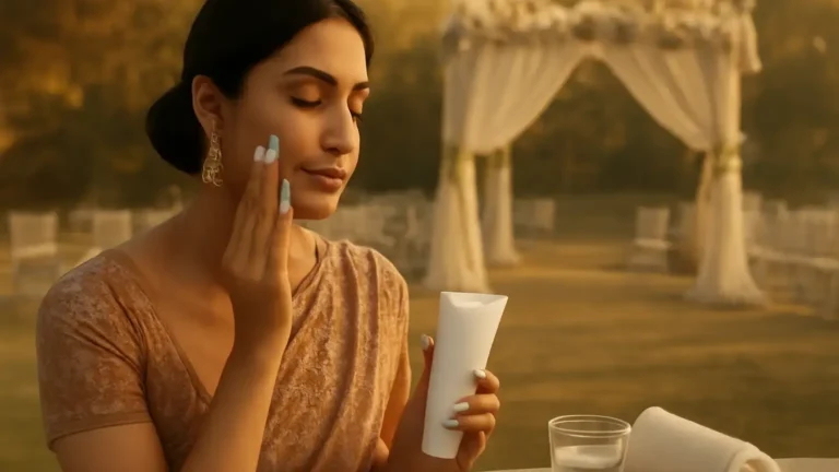 Indian wedding guest preparing skin with sunscreen and cleansing essentials at an outdoor October venue