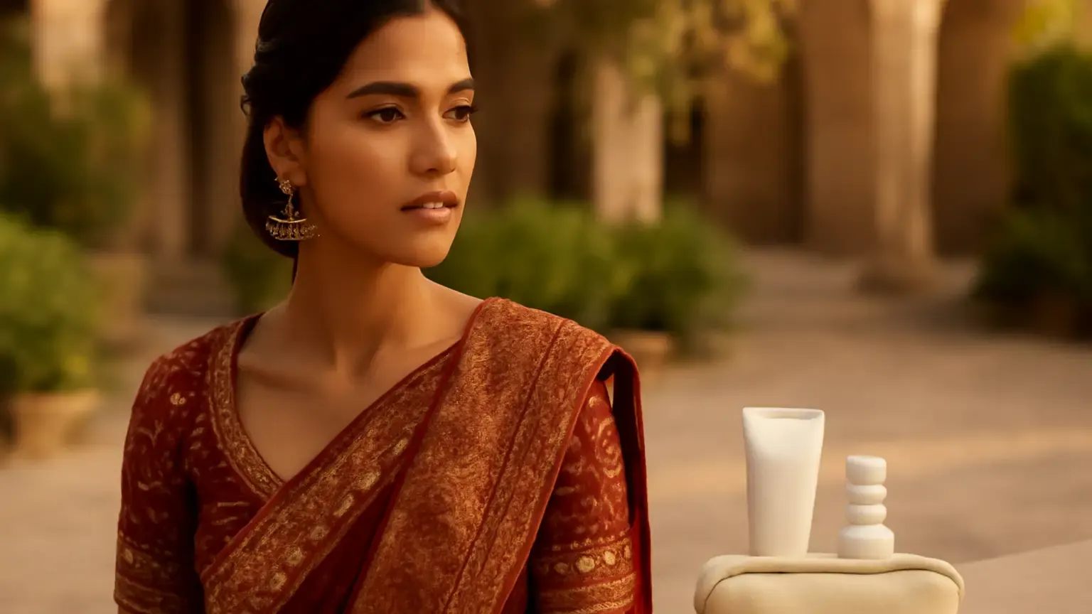 Indian wedding guest preparing skin with sunscreen and moisturiser before an outdoor October ceremony
