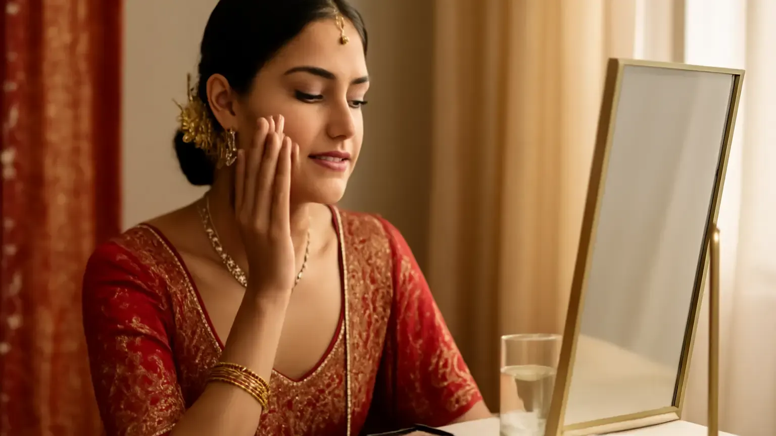 Indian wedding guest following a lightweight skincare routine before an October event