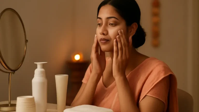 Indian wedding guest following a simple skin care routine between festive events