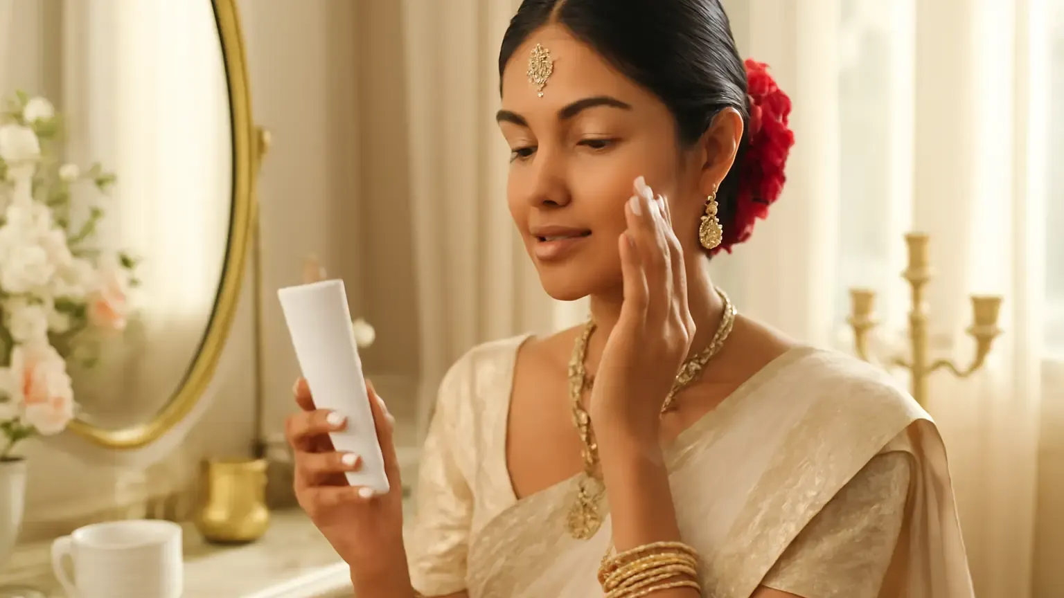 Indian wedding guest applying skincare beside a sunlit vanity with sunscreen and moisturiser