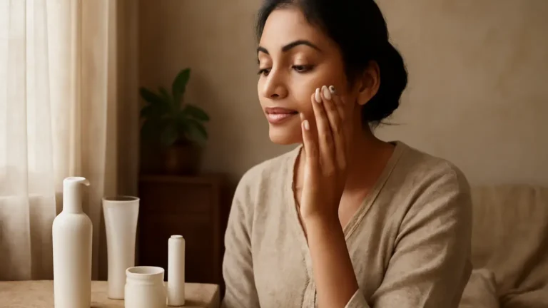 Indian woman applying moisturiser beside simple winter transition skincare products
