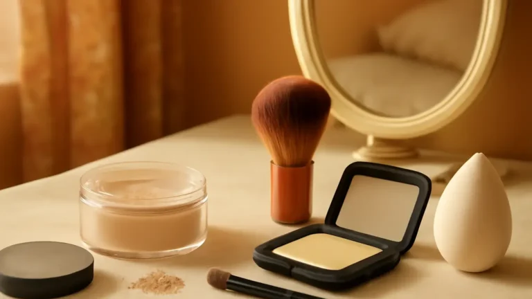 Loose and pressed setting powders with makeup brushes and sponge on an Indian vanity