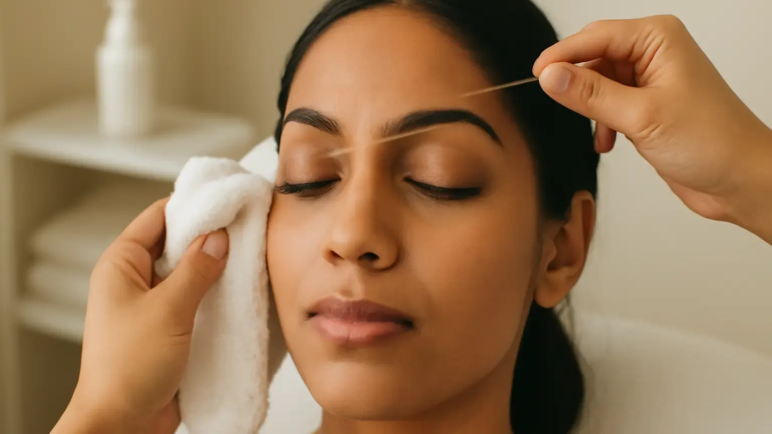 South Asian woman gently cooling freshly threaded facial skin with a clean damp cloth