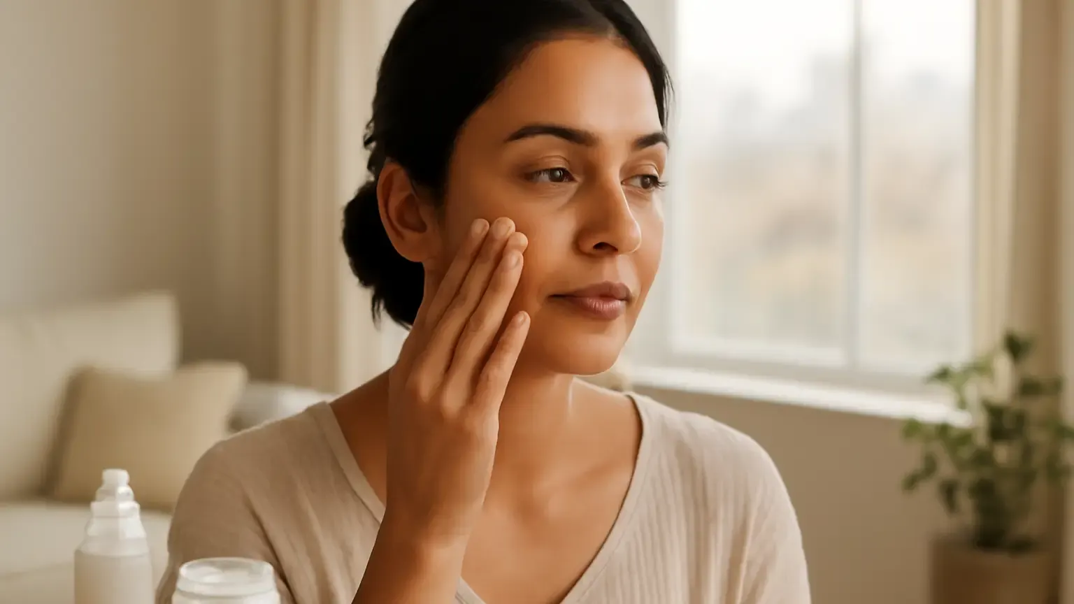 Woman applying moisturiser to her cheek as part of a combination skin routine