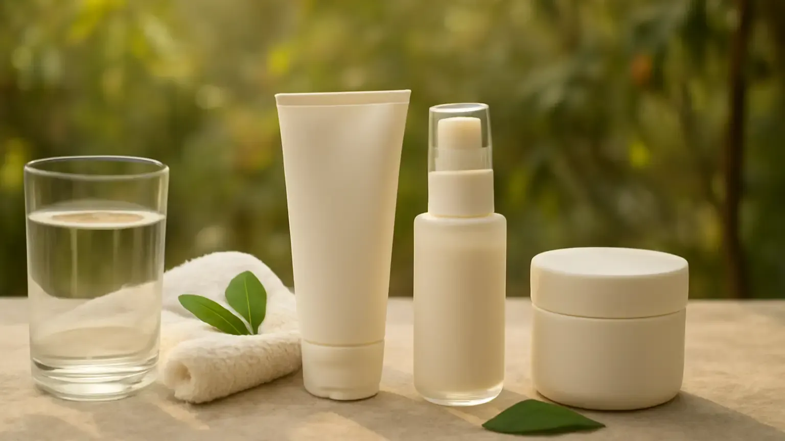 Unbranded skincare essentials arranged in warm October daylight for an Indian climate