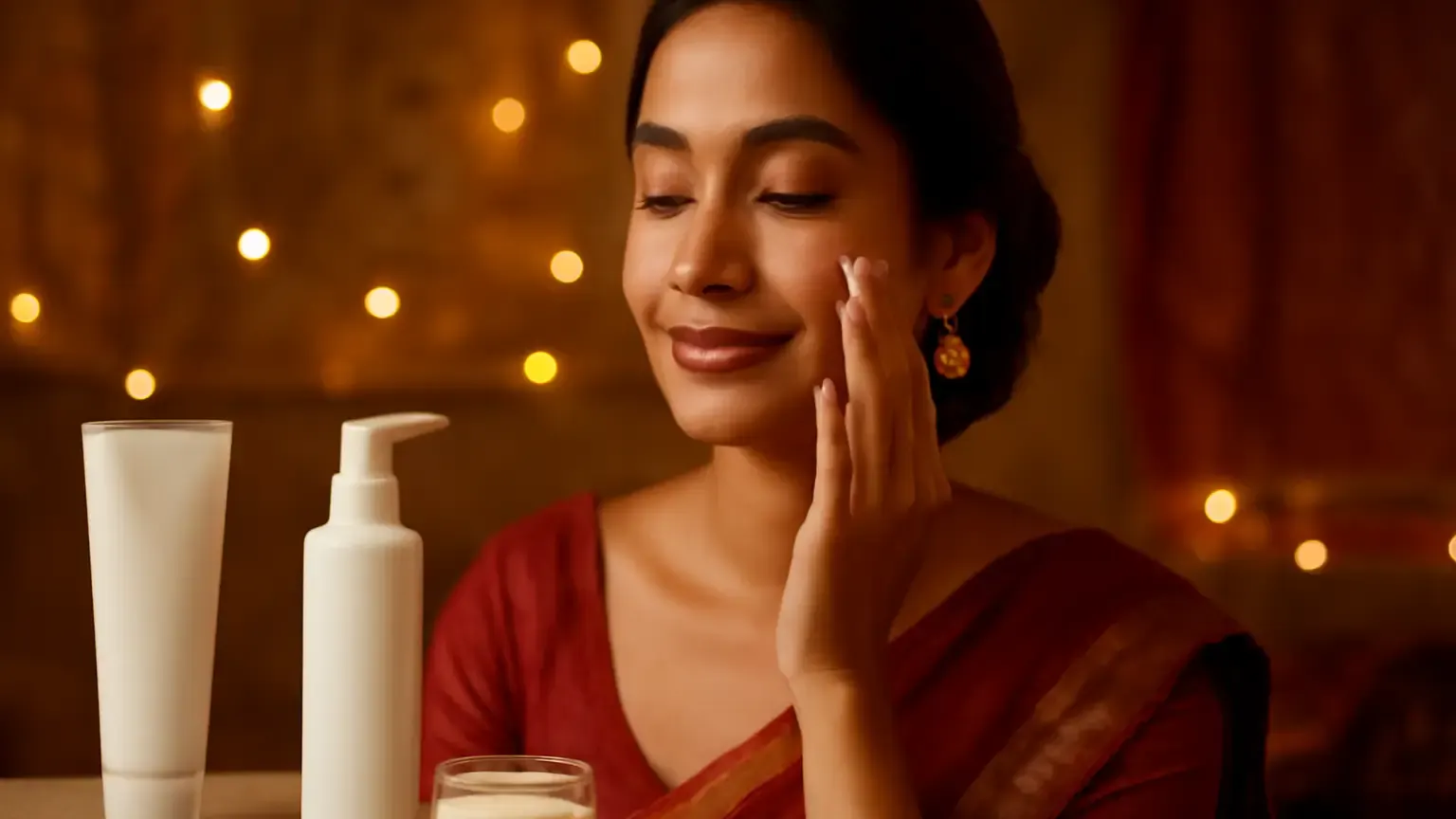 Indian woman following a simple skincare routine beside cleanser, moisturiser and sunscreen before a festive event