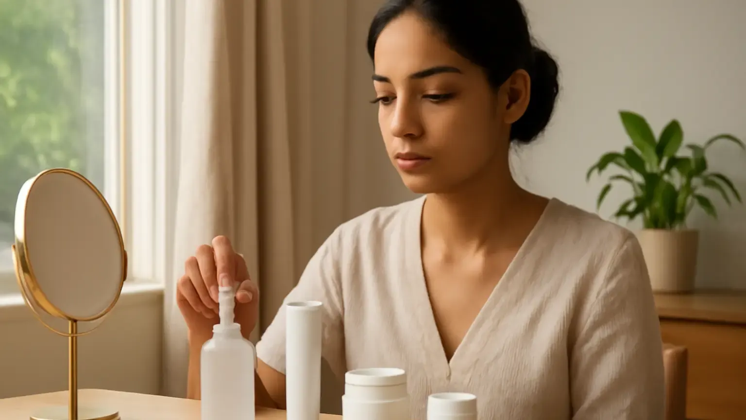 Indian woman arranging seasonal skincare products beside a sunlit window