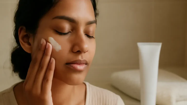 Woman applying moisturiser after exfoliation beside sunscreen in a calm bathroom setting