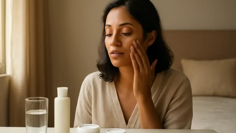 Woman following a gentle morning skincare routine after a late night beside a bright window