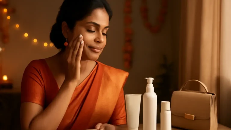 Indian woman preparing skincare and sunscreen before a festival outing
