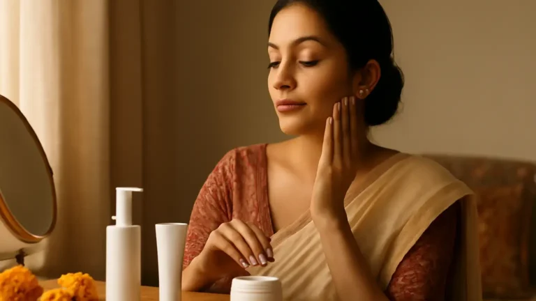 Indian woman following a simple skincare routine before a festive event