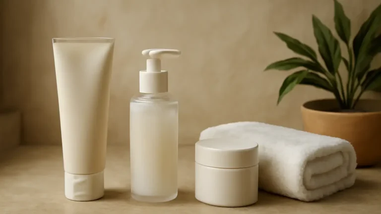 Three unbranded skincare essentials for a beginner routine on an Indian vanity