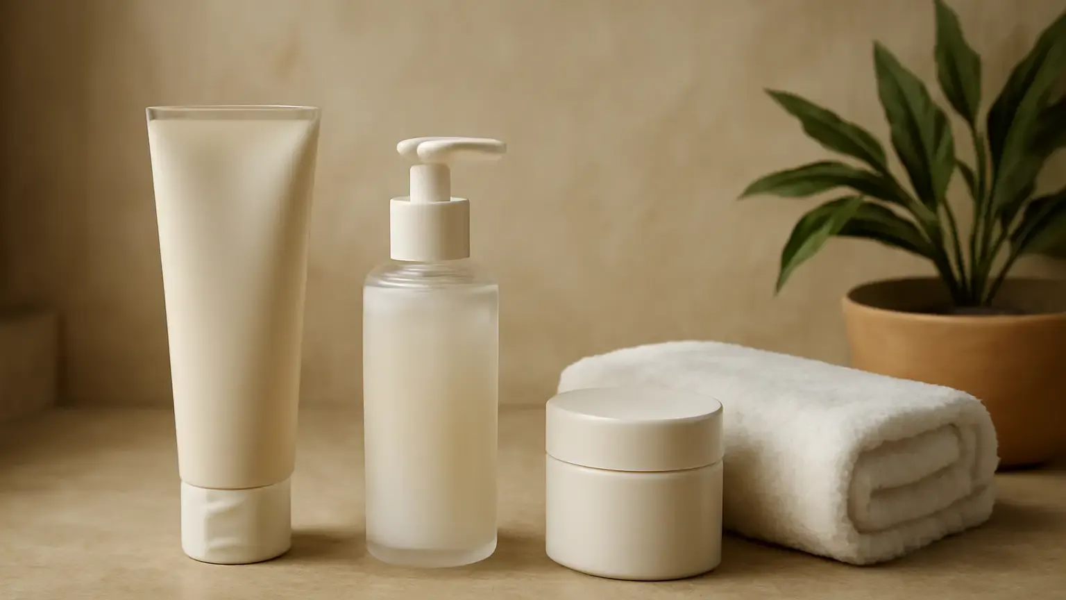 Three unbranded skincare essentials for a beginner routine on an Indian vanity