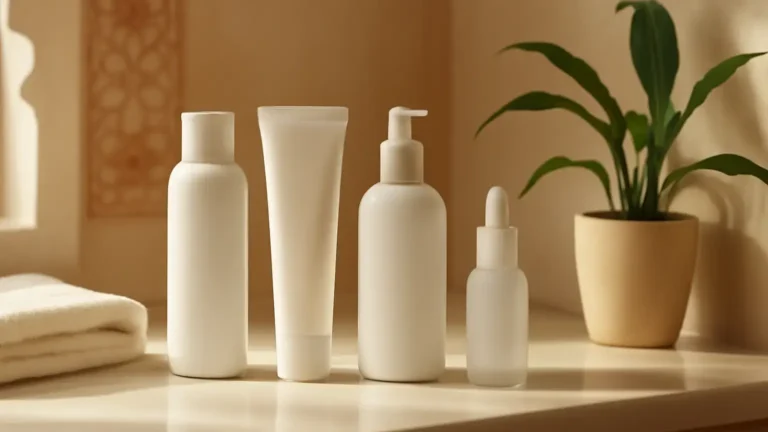 Four unbranded skincare products for a beginner routine on an Indian bathroom counter