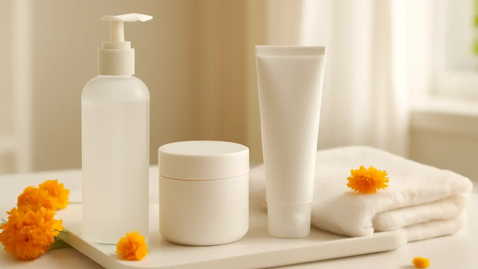 Gentle cleanser, moisturiser and sunscreen arranged on an Indian festive vanity