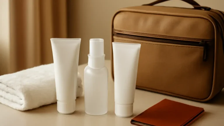 Three essential skincare products packed beside a carry-on bag for travel