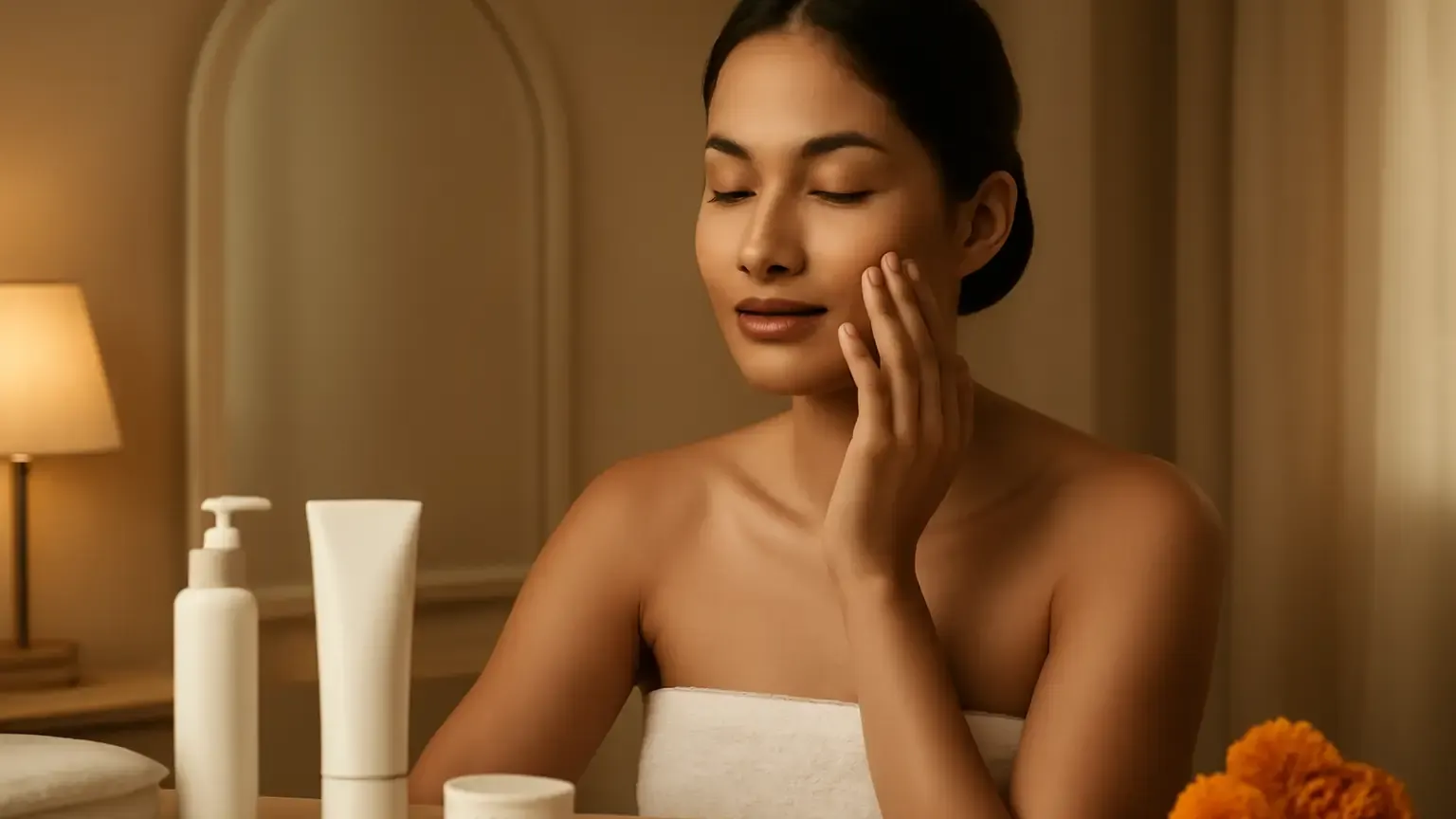 Calm wedding-week skincare routine with unbranded cleanser moisturiser and sunscreen in an Indian preparation setting