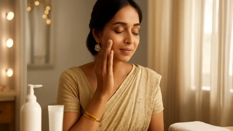 Indian wedding guest following a simple skincare routine with moisturiser and sunscreen