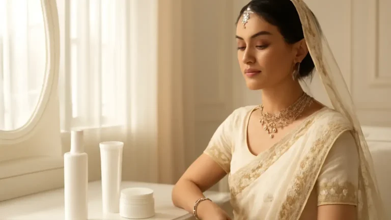 Indian bride following a simple skincare routine before wedding makeup