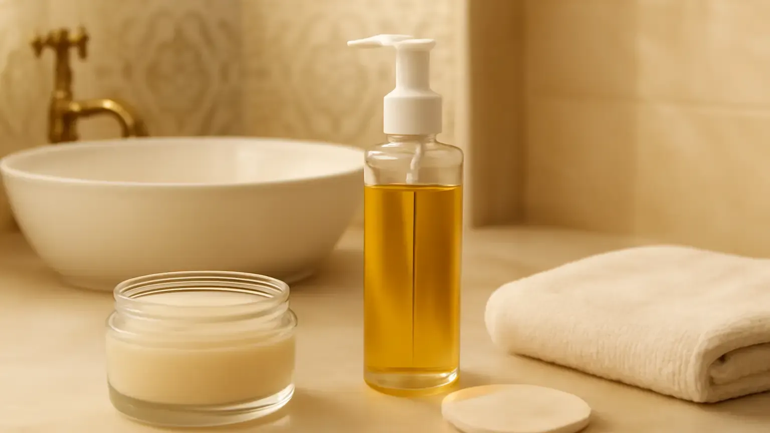 Unbranded cleansing oil, balm and micellar water arranged in an Indian bathroom setting