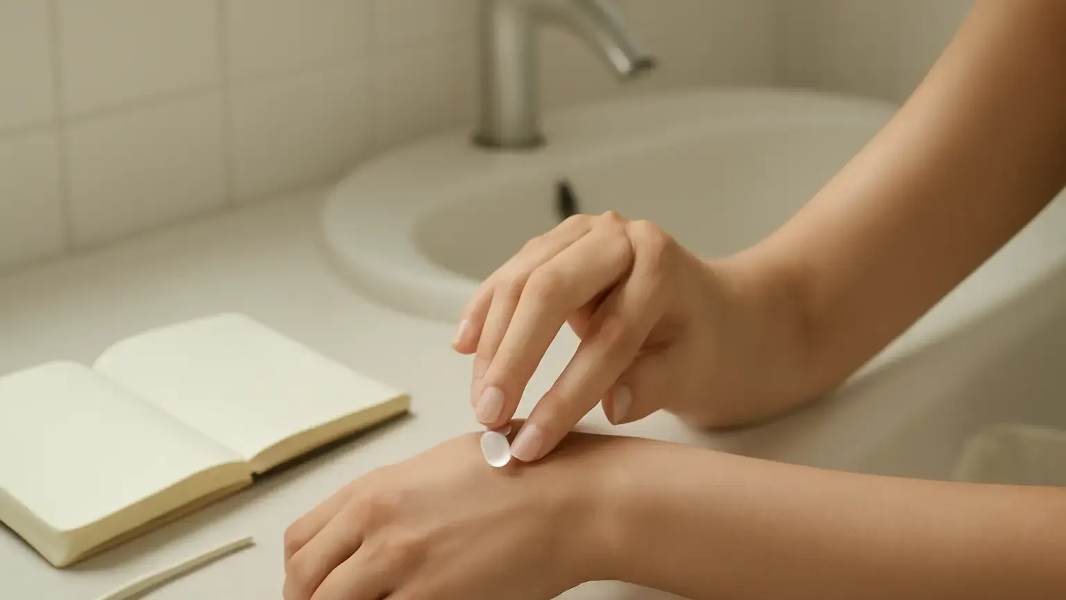 Small skincare patch test applied to the inner forearm beside a notebook