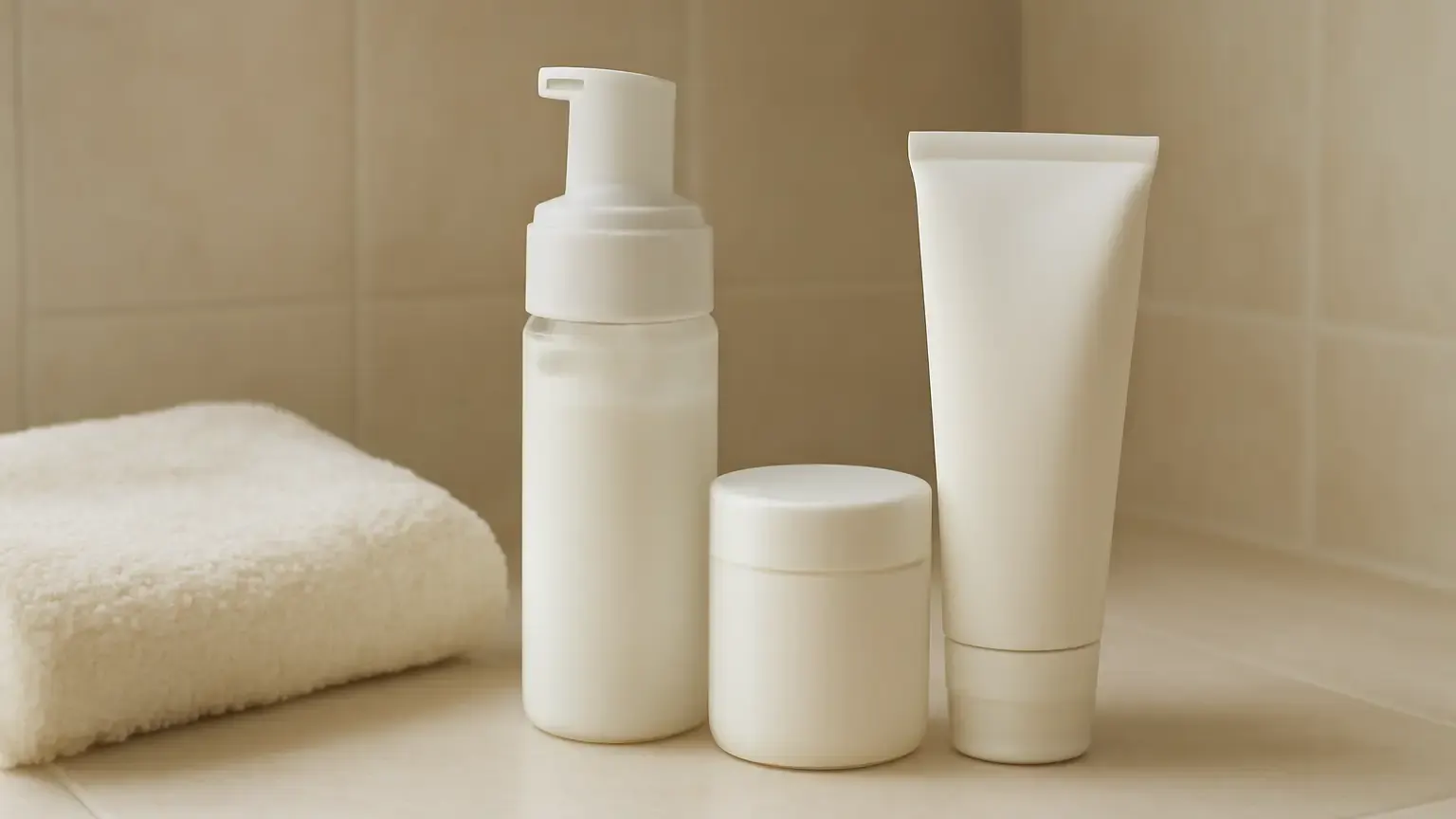 Simple gentle skincare routine with cleanser, moisturiser and sunscreen